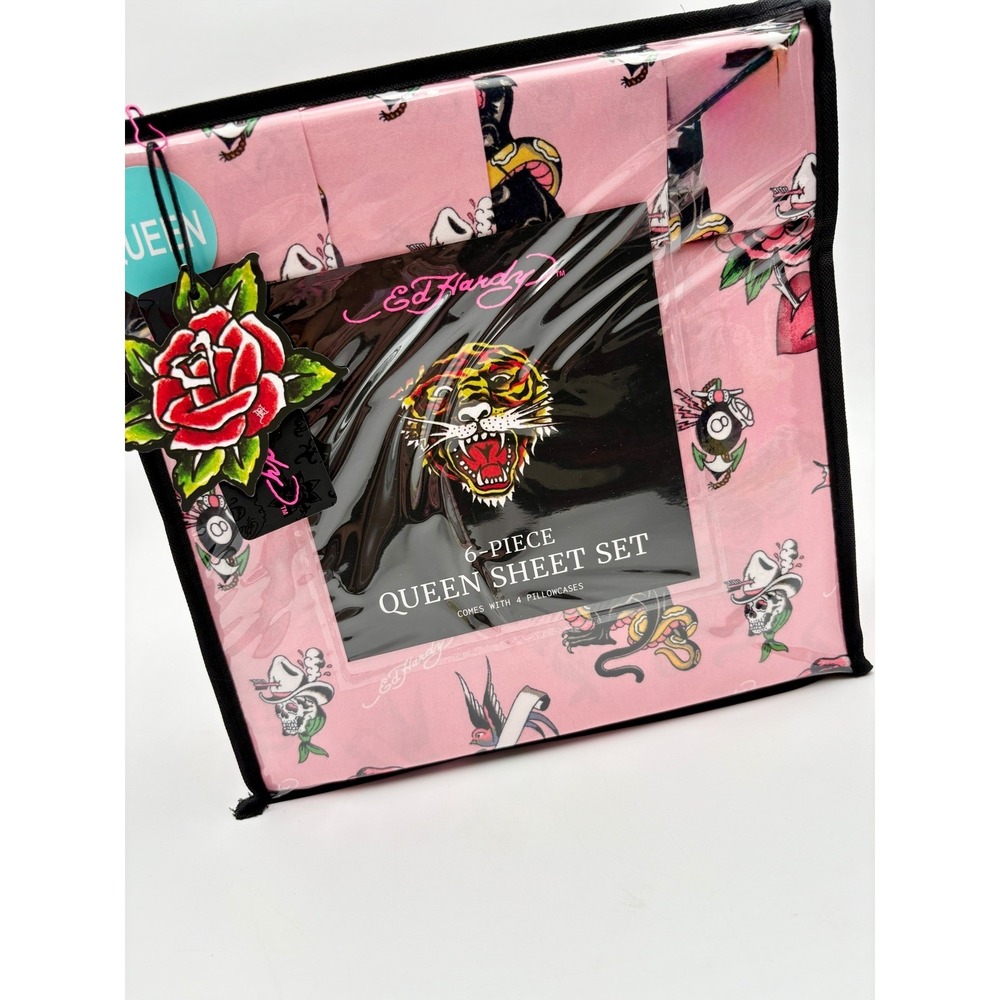 Ed‎ Hardy Sheet Set Queen 6-Piece Pink Tattoo Print Bedding Set New